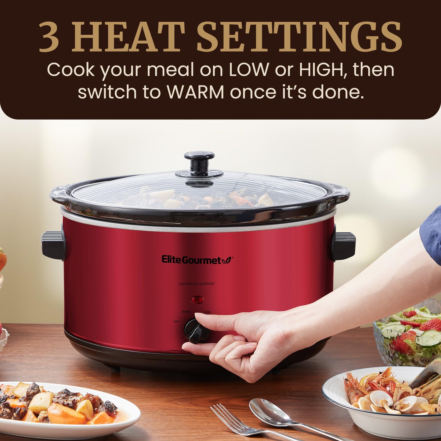 Elite Gourmet MST-900RXT# - Olla lenta de cerámica eléctrica XL, temperatura ajustable, entrantes, salsas, guisos y inmersiones, tapa de vidrio y vajilla aptas para lavaplatos, 8.5 cuartos de galón,