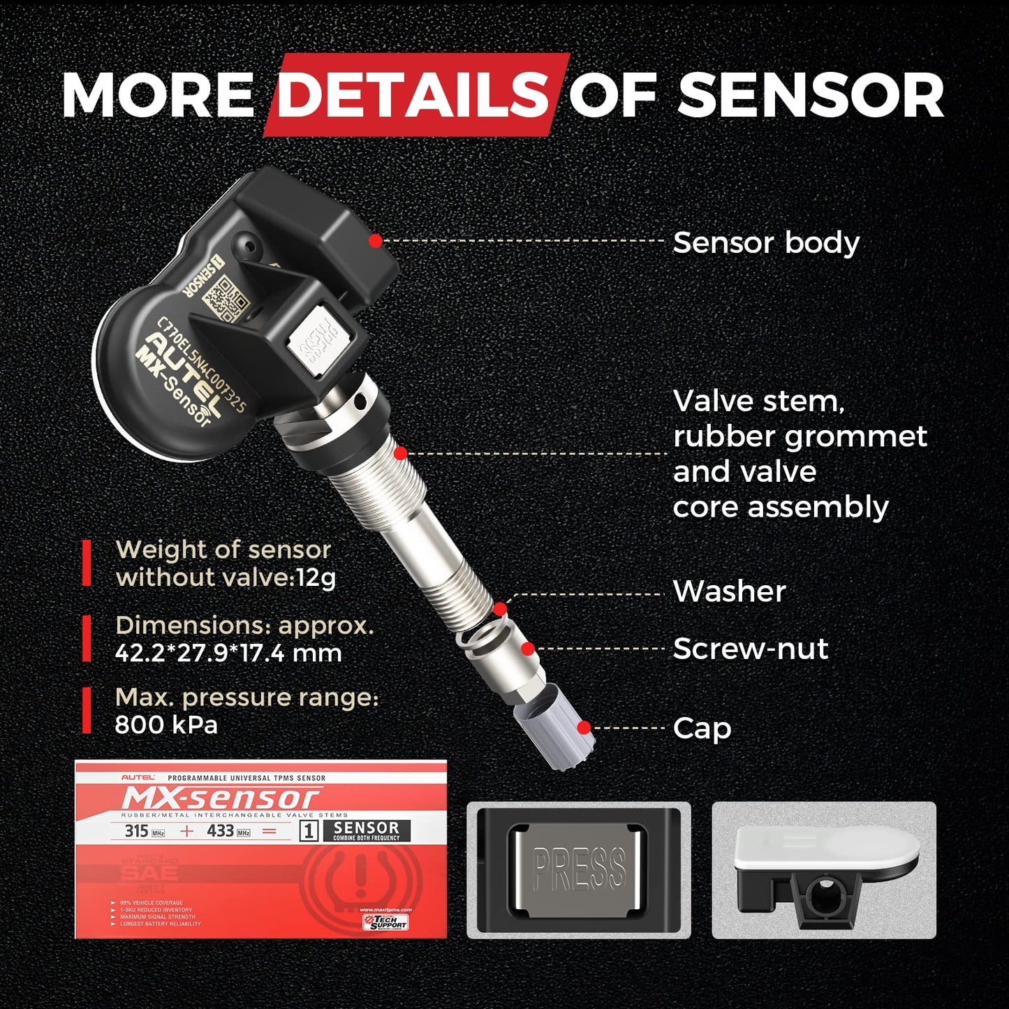 Autel - Sensores TPMS universales programables (315 MHz + 433 MHz) especialmente diseñados para el reemplazo de sensores OEM (válvula de metal atornillado)