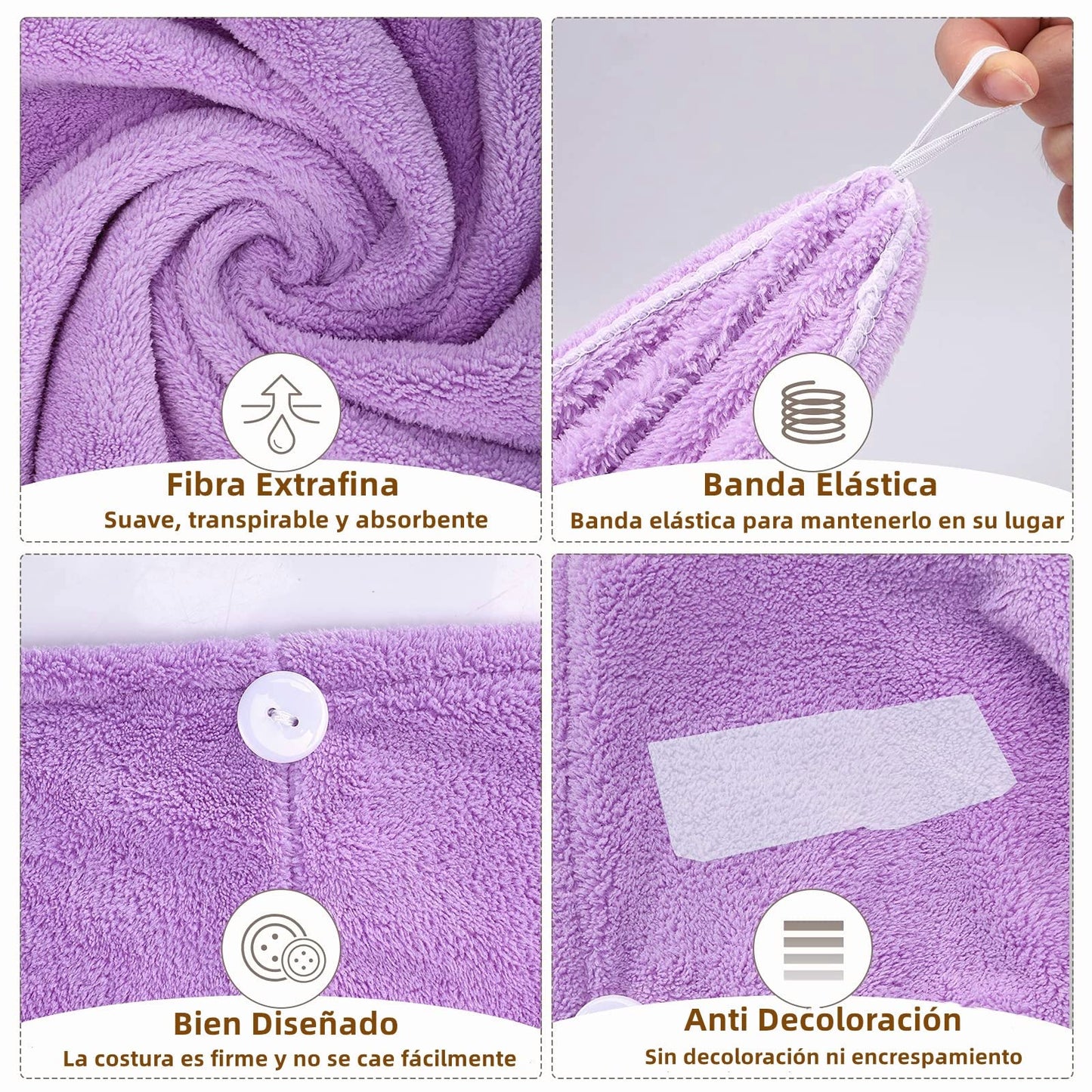 Toalla Microfibra para Cabello 3 Pack, Toalla de Cabello Seco con Botones, Gorro de Baño Ultra Absorbente de Agua, Secado de Pelo Súper Rápido, Turbante Suave Anti-Frizz para Mujer (Viole Rosa Verde)