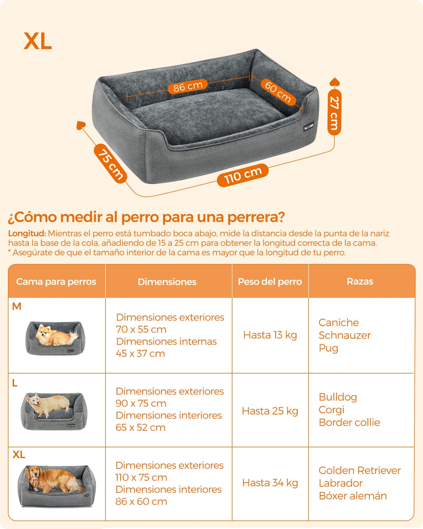 Feandrea Cama para Perros, Sofá para Mascotas, 110 x 75 x 27 cm, Bordes Elevados, XL, para Perros Grandes, Gris Claro MPGW12GG