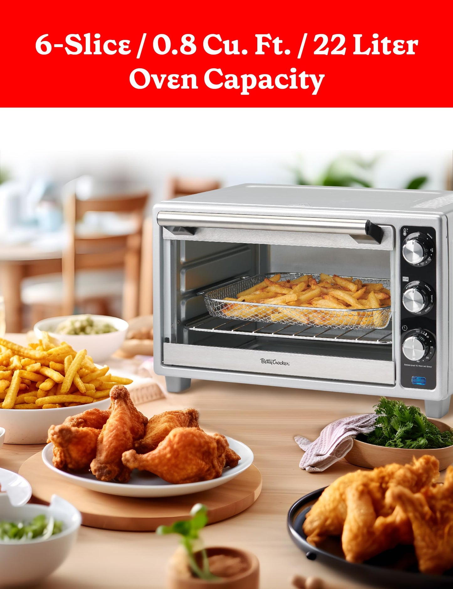 Betty Crocker - Horno tostador de convección, tostador multifunción de 6 rebanadas y horno freidora de aire, 0.8 Cu. Horno tostador Airfryer de capacidad de 6 pies, horno de convección de 7 funciones,