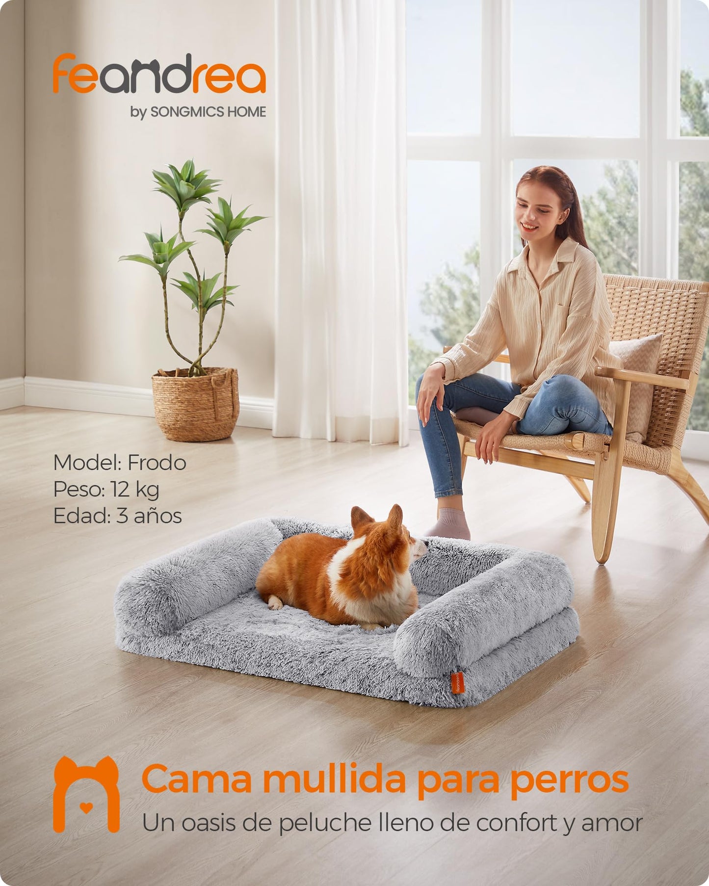Feandrea Cama para Perros, Cama para Mascotas, 91 x 68 x 23 cm, Sofá Grande para Perros Medianos, con Funda Lavable y Extraíble, Gris Ombré PGW232G01