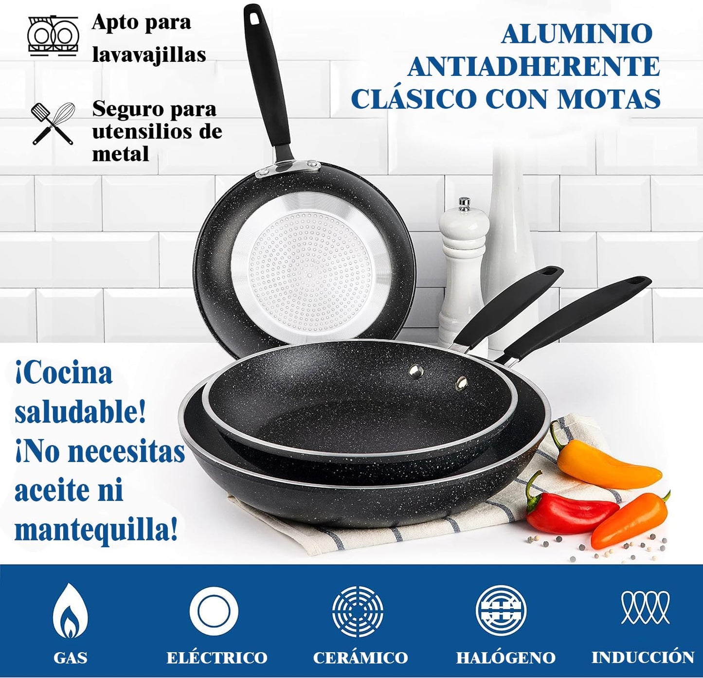 Lumewave Juego de Sartenes para Huevos, 6", 8" y 10", Set de 3 Sartenes Antiadherentes para Crepas, Tortillas, Omelets, Pancakes, Compatible con Estufas de Gas e Inducción