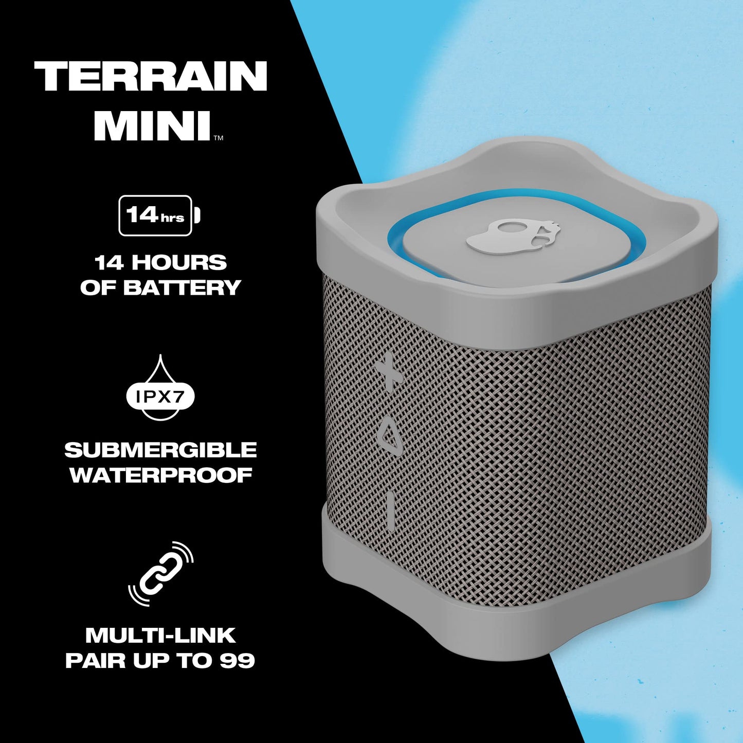 Skullcandy Terrain Mini Altavoz inalámbrico Bluetooth – Altavoz portátil Impermeable IPX7 con radiadores pasivos Personalizados duales, batería de 14 Horas, muñequera de Nailon
