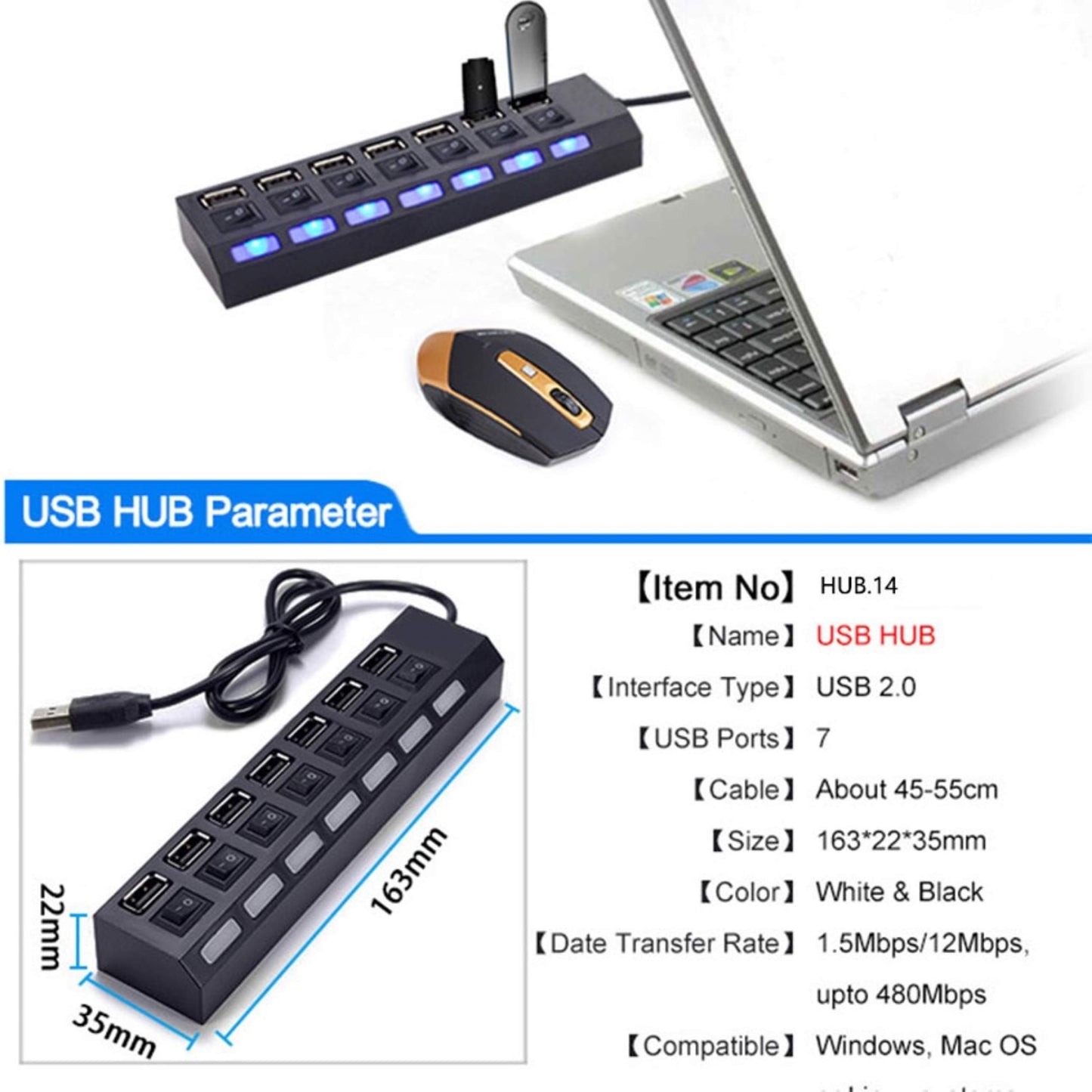 ELE-Gate | Hub USB 7 Puertos | con Switch Individual por Puerto | Conexión Estable y Rápida | Color Negro