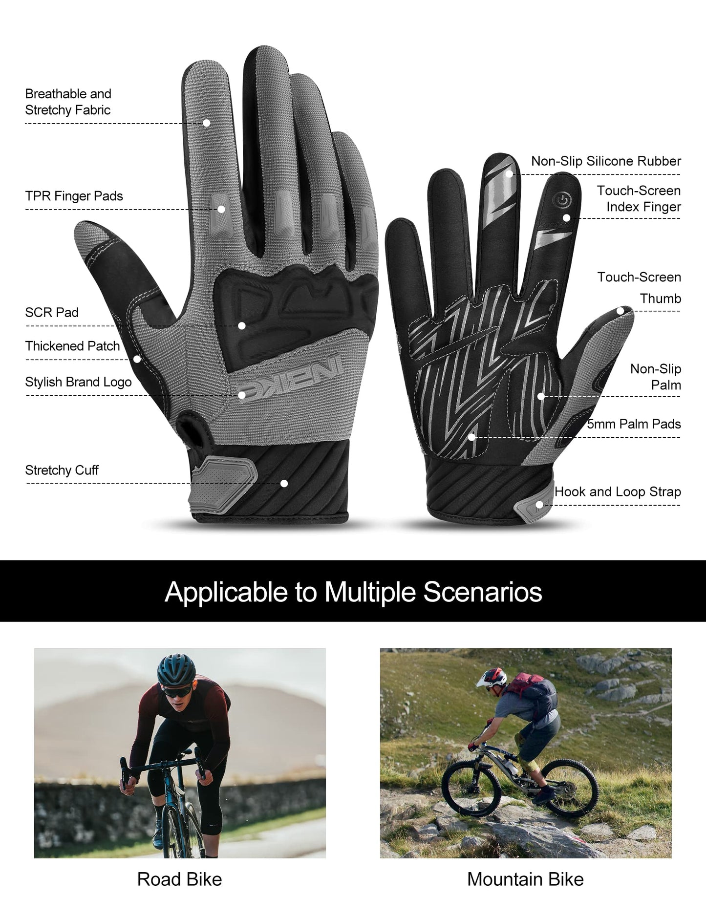 INBIKE - Guantes de bicicleta de montaña para hombre, gris, resistentes al desgaste, antideslizantes y resistentes a los golpes, acolchados, transpirables, con soporte de pantalla táctil