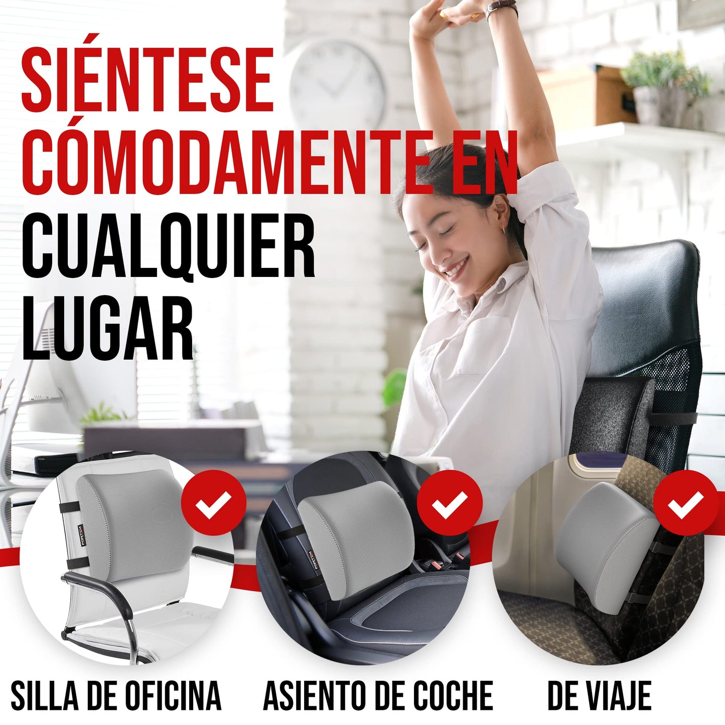 FORTEM Cojín Lumbar de Silla de Oficina, Almohada de Apoyo Lumbar, Cojín Lumbar para Silla de Escritorio, Almohada Viscoelástica para la Espalda, Funda Lavable (Gris Malla)