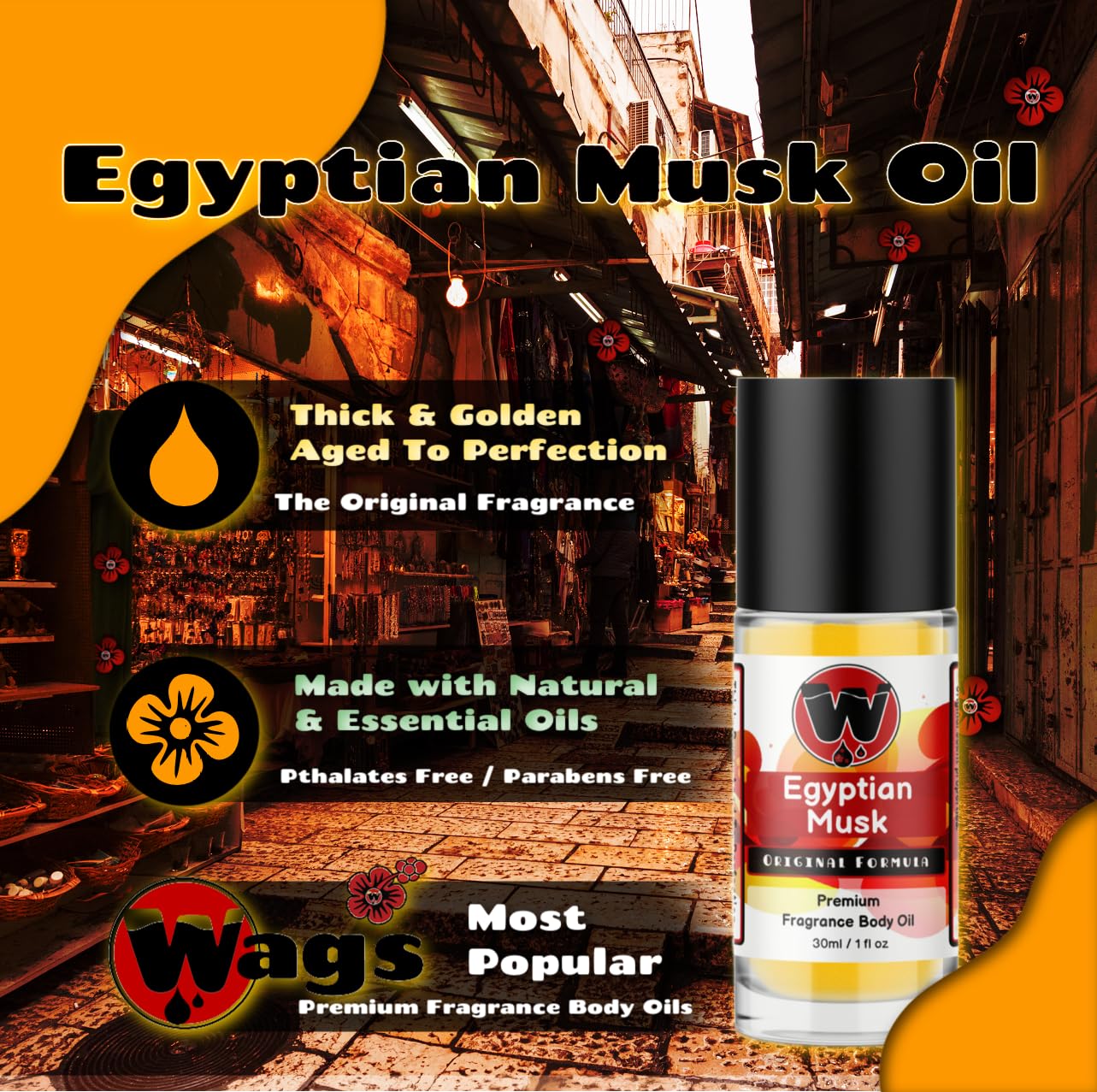Egyptian Musk Oil, Choose from 0.33oz Roll On to 4oz Glass Bottle, by WagsMarketâ"¢ (1oz Roll On Bottle)