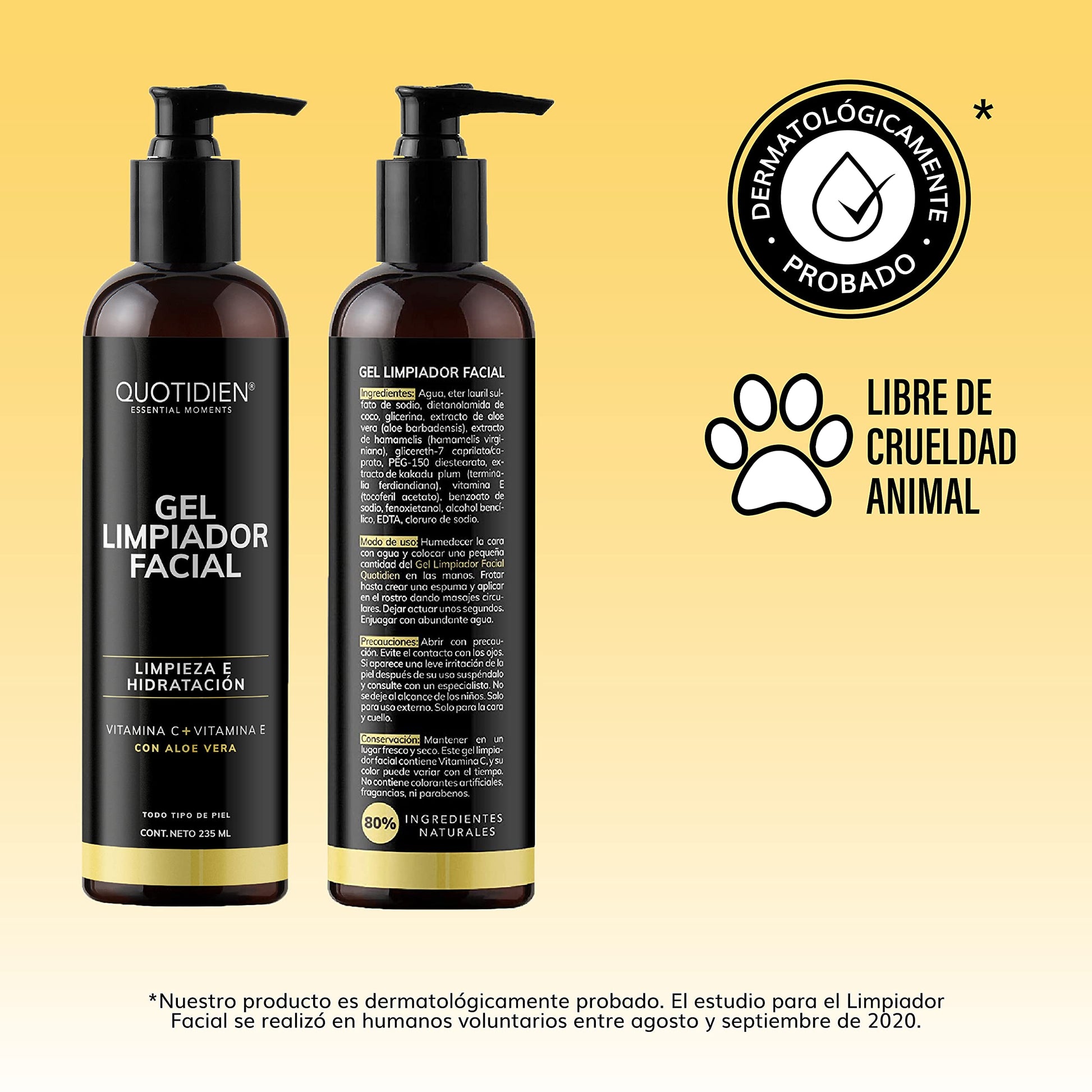 Gel Limpiador Facial con Vitamina C + Vitamina E + Aloe Vera - 80% Ingredientes Naturales- Limpiador Profundo Facial -Baja Espuma- Remueve Grasas y Toxinas- No Reseca- Limpieza e Hidratación Extrema - Ideal Para Todo Tipo de Piel - 235ml