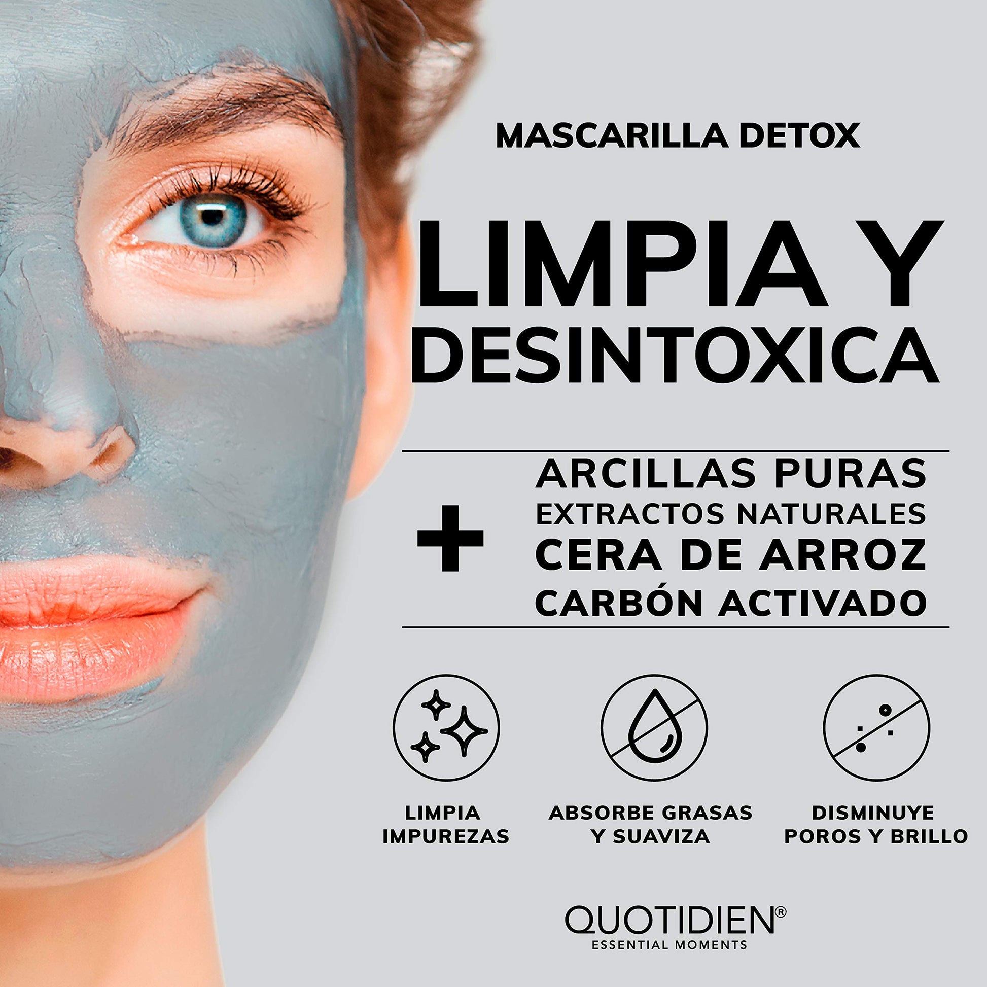 Mascarilla Facial Detox de Carbón Activado - Limpieza Profunda - Absorbe Grasas - Purifica - Disminuye Puntos Negros y Poros - Limpia Impurezas- Arcillas Puras (Kaolin y Bentonita)+ Cera de Arroz+ Extractos Naturales- 94% Ingredientes Naturales- Piel Norm