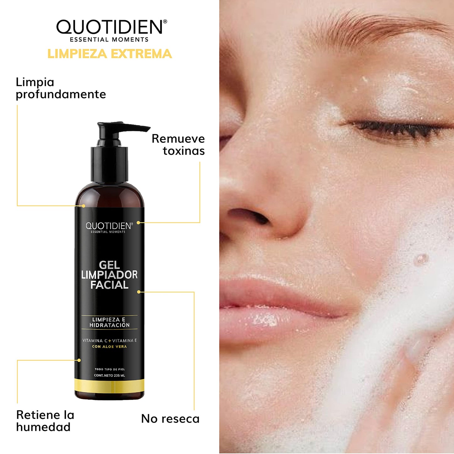 Kit 4 Pasos Quotidien: 1 Limpiador Facial 235 ml + 1 Tónico Facial 350 ml + 1 Serum Vitamina C 30ml + 1 Serum Ácido Hialurónico 30ml | Skincare Kit con Ingredientes Naturales - Limpia Profundamente, Equilibra el Ph, Cierra Poros, Aclara, Mejora la Textura