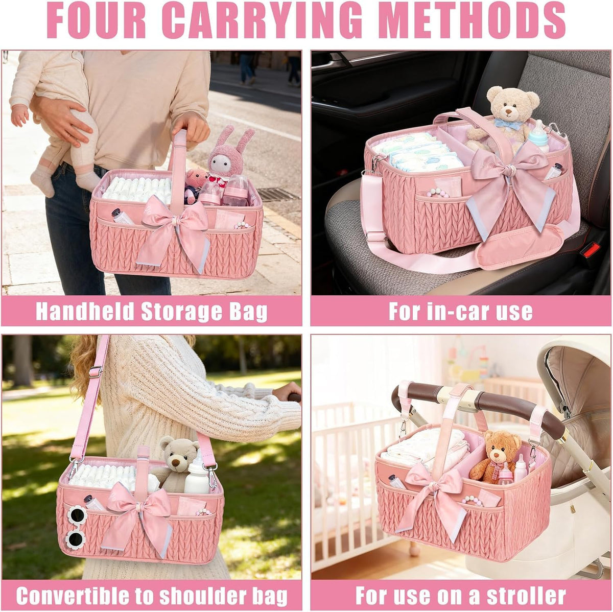 HLWDFLZ Organizador de pañales para bebé, Cesta Grande para pañales con Correa de Hombro Ajustable, Bolsa de Viaje portátil para automóvil con Clips para Cochecito, Esencial para recién Nacidos G