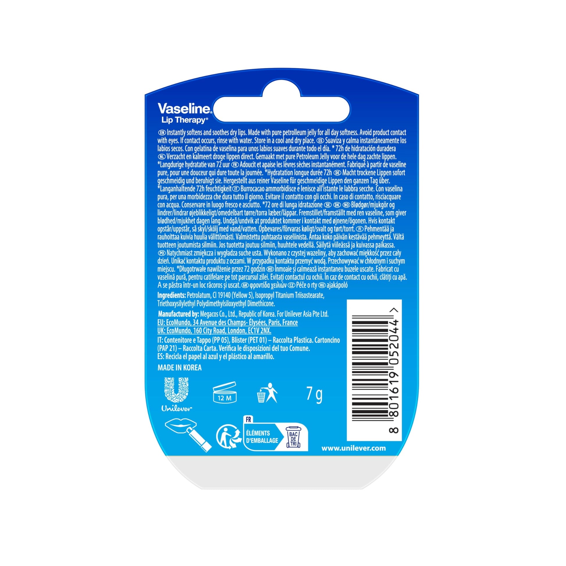 Vaseline - 2 Pack Bálsamo para Labios Mini Tarro HIDRATACIÓN DURADERA, (7 g. c/u), Original