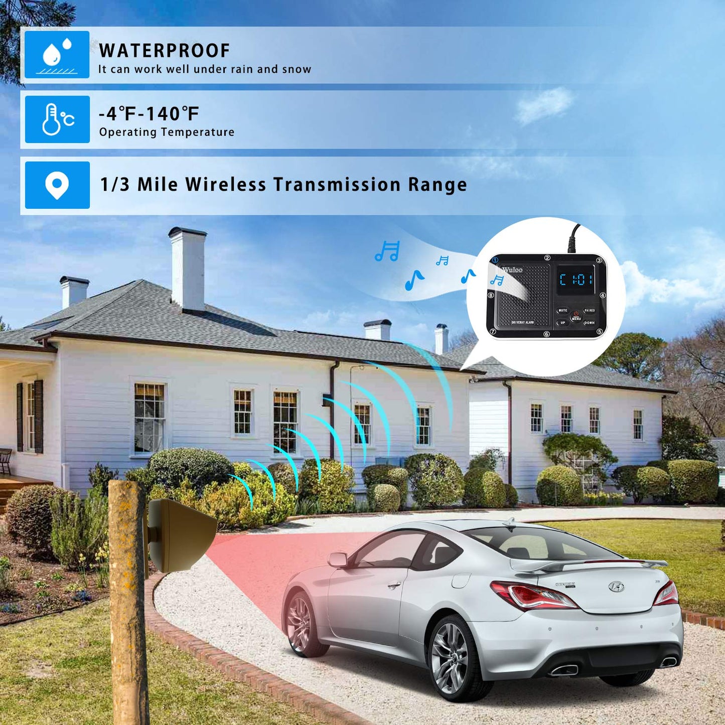 Alarma solar inalámbrica para entrada exterior de 1600 pies, sensor de movimiento al aire última intervensión y sistema de alerta de entrada con batería recargable, resistente a la intemperie, modo de