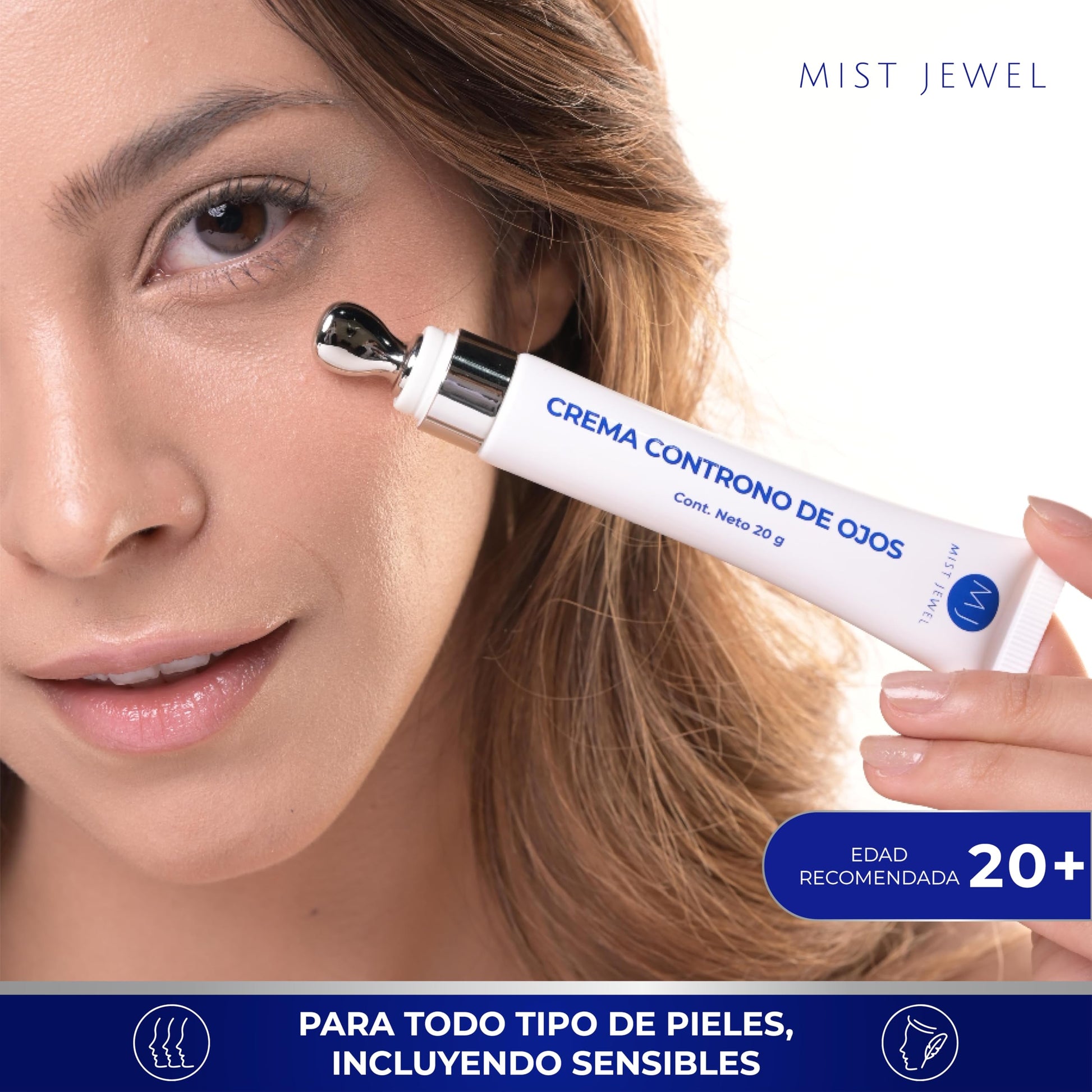 MIST JEWEL | Crema para contorno de ojos, arrugas, bolsas y ojeras obscuras | Con cafeína, Ácido hialurónico y esferas hidratantes 20g