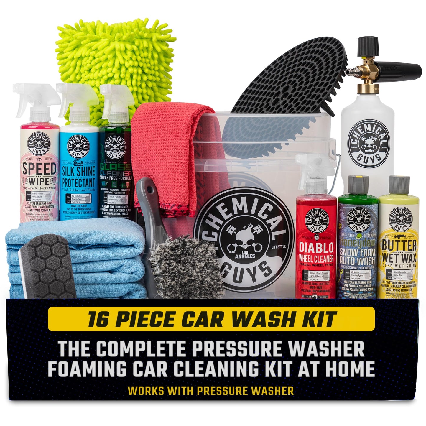 Chemical Guys HOL169 Kit de lavado de autos Arsenal Builder de 16 piezas con cañón de espuma, cubo y (6) productos químicos de limpieza 16 oz (funciona con lavadoras a presión)