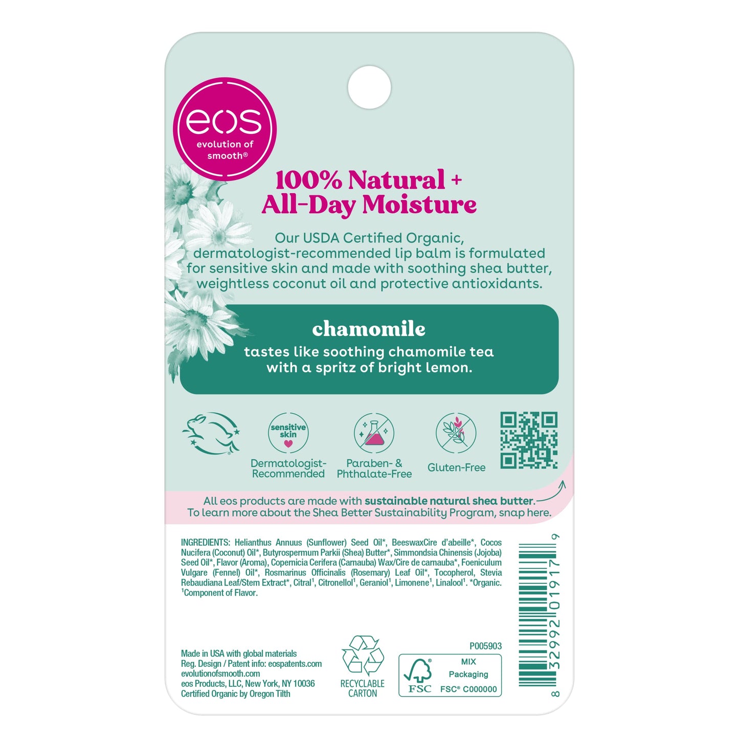 eos Natural & Organic Stick Lip Balm - Chamomile | Certified Organic & 100% Natural | Deeply Hydrates and Seals in Moisture | 0.14 oz | 2-Pack