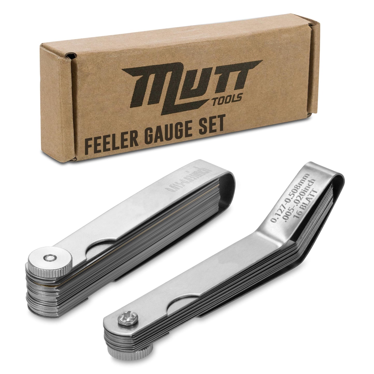 Mutt Tools - Juego de 2 calibradores de sensor, rectos y angulados, para válvulas, medición métrica y pulgadas, herramienta de brecha para automóviles