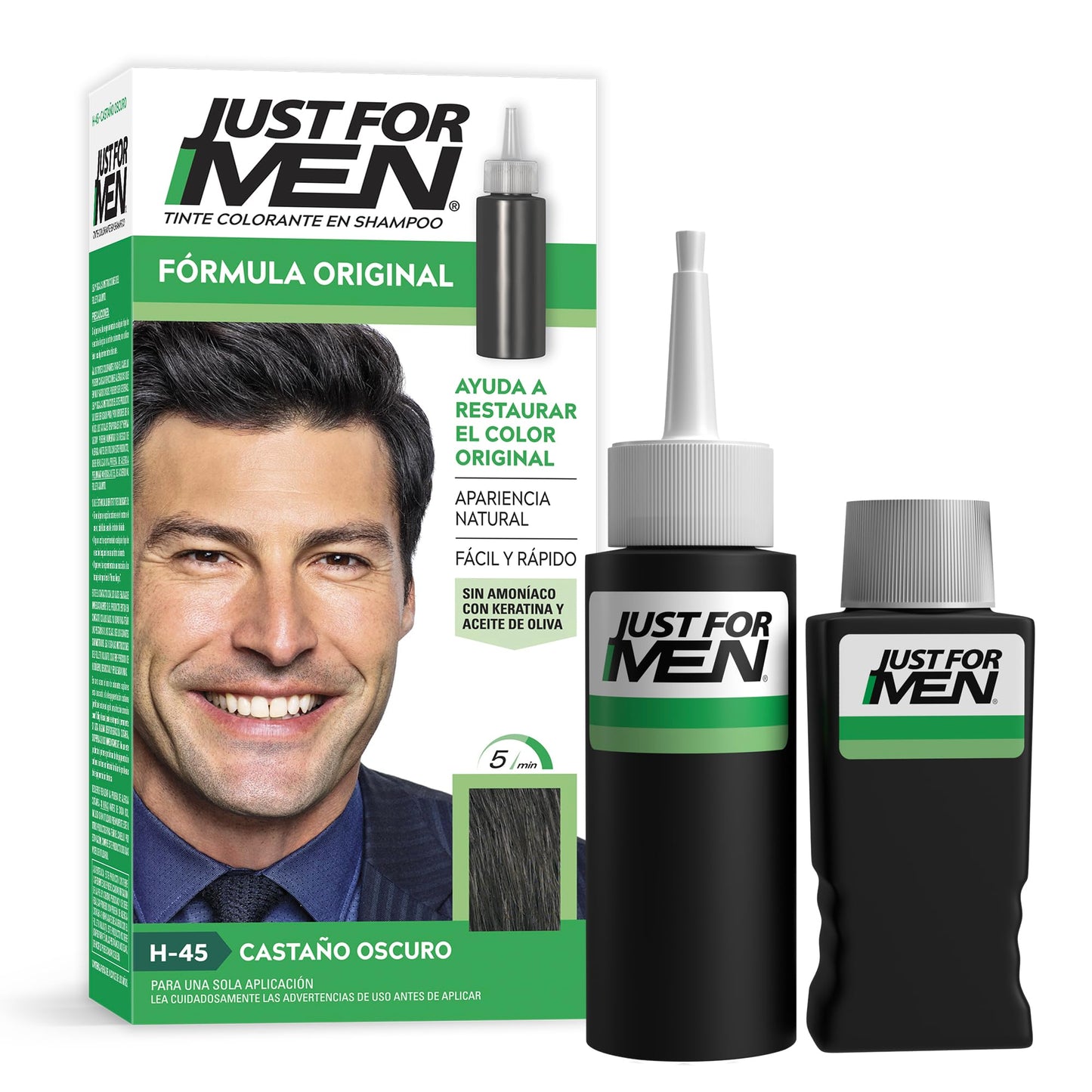 Just For Men Tinte colorante para hombre en shampoo, castaño oscuro H45, ideal para cubrir 100% de las canas, 66ml