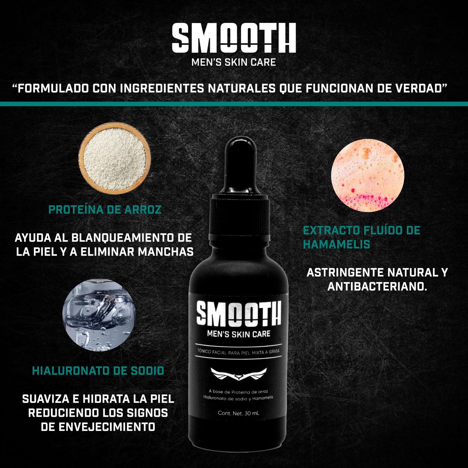 Kit de Cuidado Facial SMOOTH Para Hombre Té Verde, Hialurónato, Vitamina C, Cólageno y Tepezcohuite