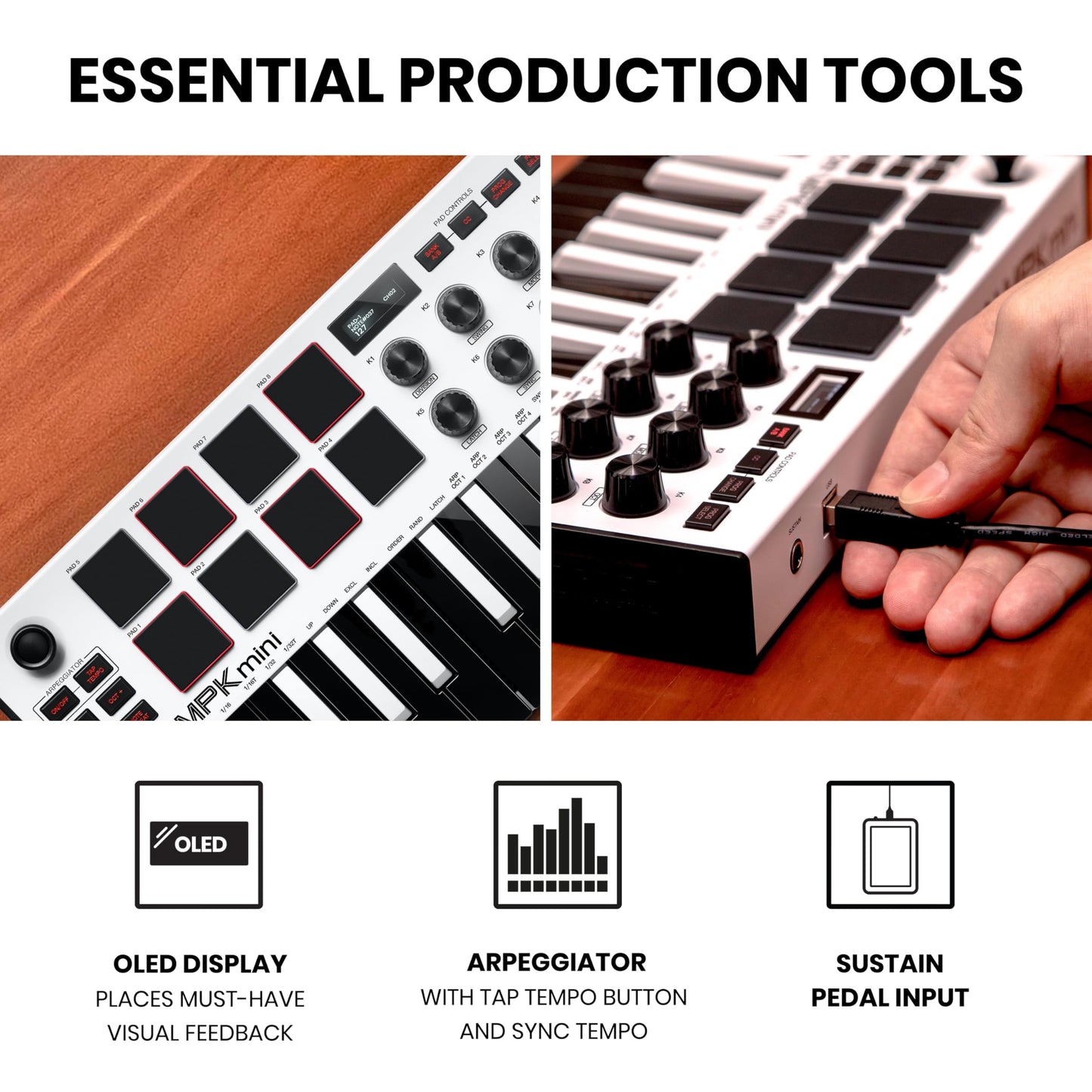 Akai Professional MPK Mini MK3 - Teclado Controlador MIDI USB de 25 Teclas con 8 Drum Pads, 8 Perillas, Software de Producción Musical y Native Instruments Sound Package (NKS Integration), Blanco