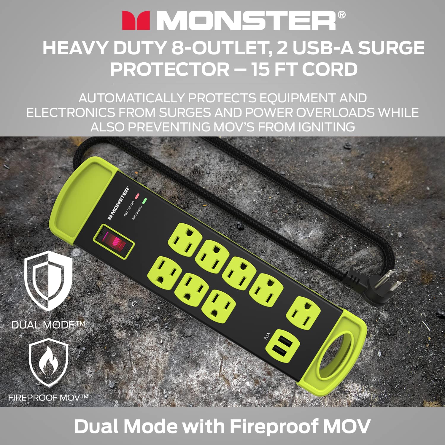 Protector de Sobretensiones Monster Workshop Alta Resistencia Blanco 8 Tomas y 2 USB-A para Cochera