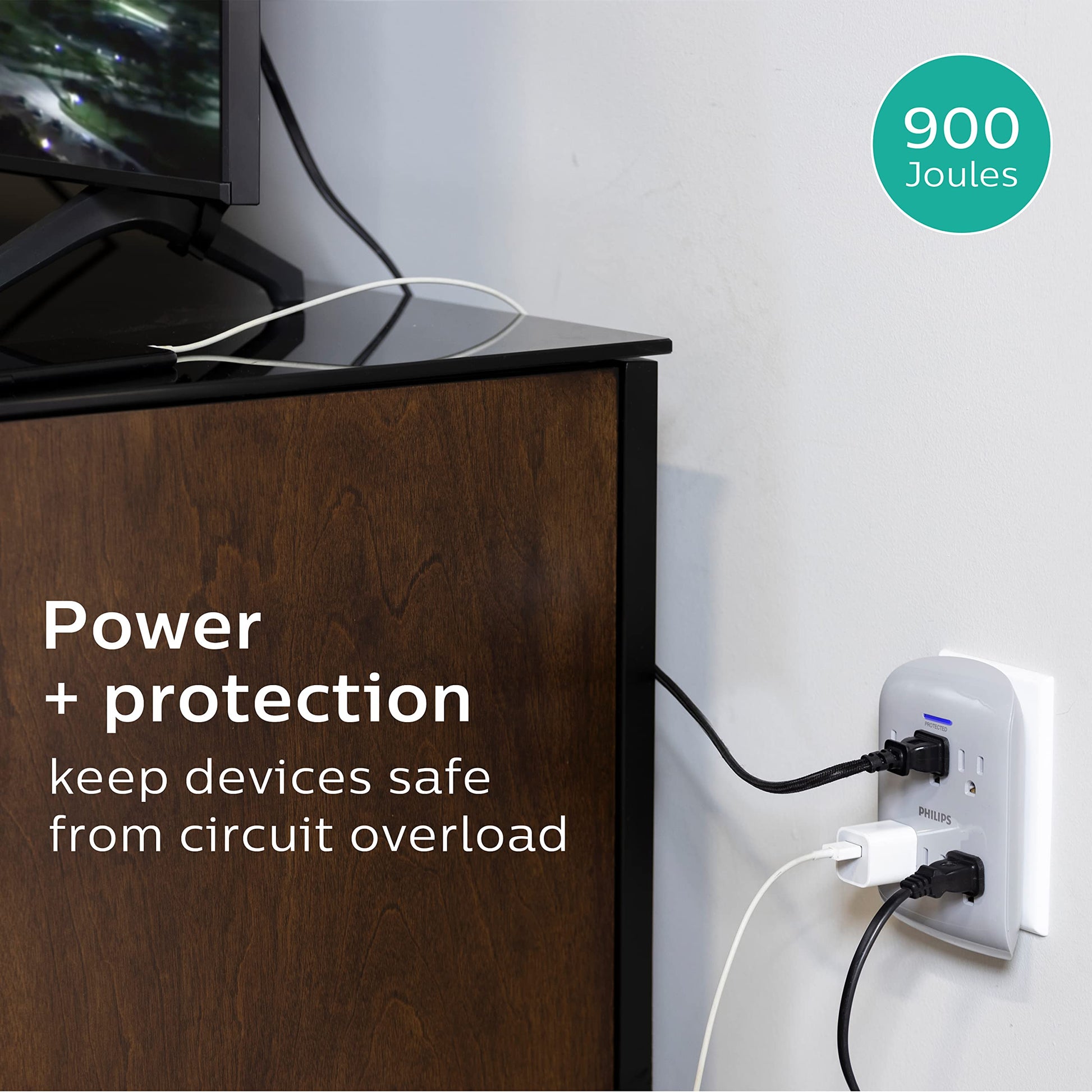 Multicontacto de Pared Philips Gris con Supresor de Picos y Luz LED Indicadora de Protección