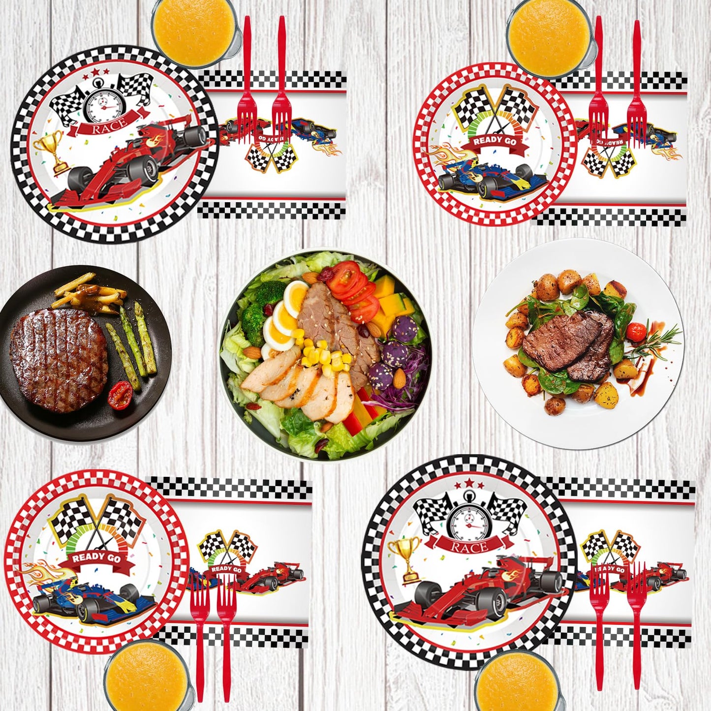 Bzxxysi - Juego de vajilla para fiesta de cumpleaños para coche, diseño rojo y negro, incluye platos, servilletas, tazas, tenedores, mantel, pancartas para 24 invitados