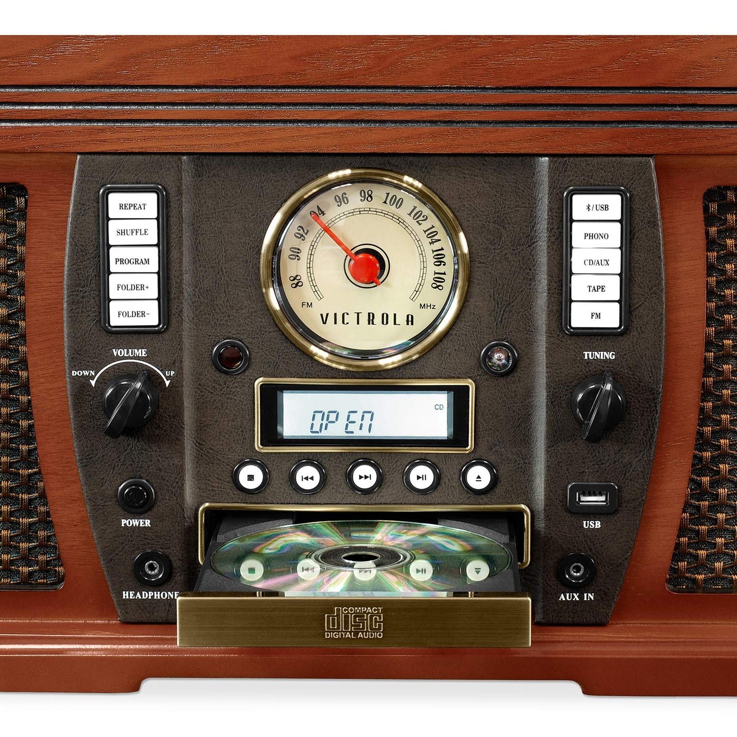 Centro de Entretenimiento Victrola Nostalgic Aviator Caoba con Plataforma Giratoria Bluetooth 7 en 1