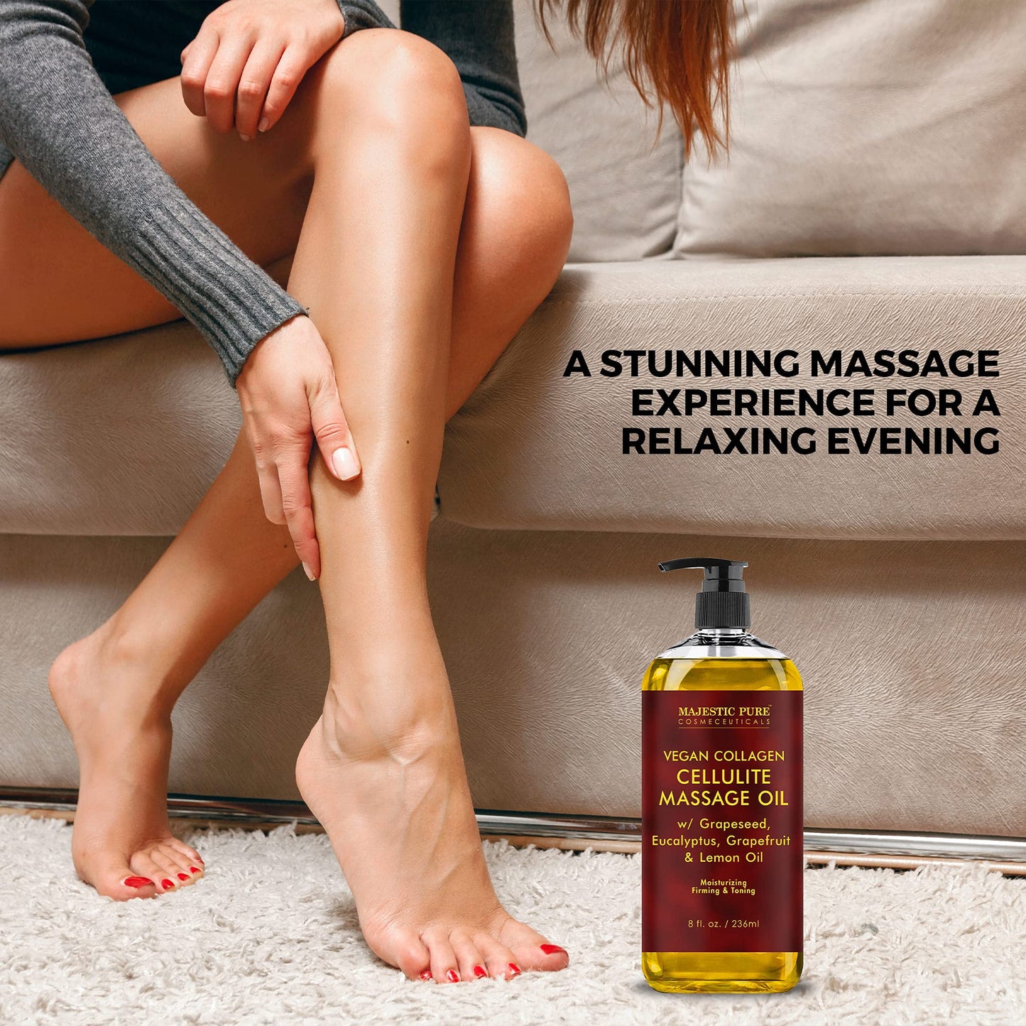 MAJESTIC PURE Majestic Aceite de masaje de celulitis natural puro, mezcla única de aceites esenciales de masaje, mejora la firmeza de la piel, más eficaz que la crema de celulitis, 8 onzas líquidas, Paquete con 2