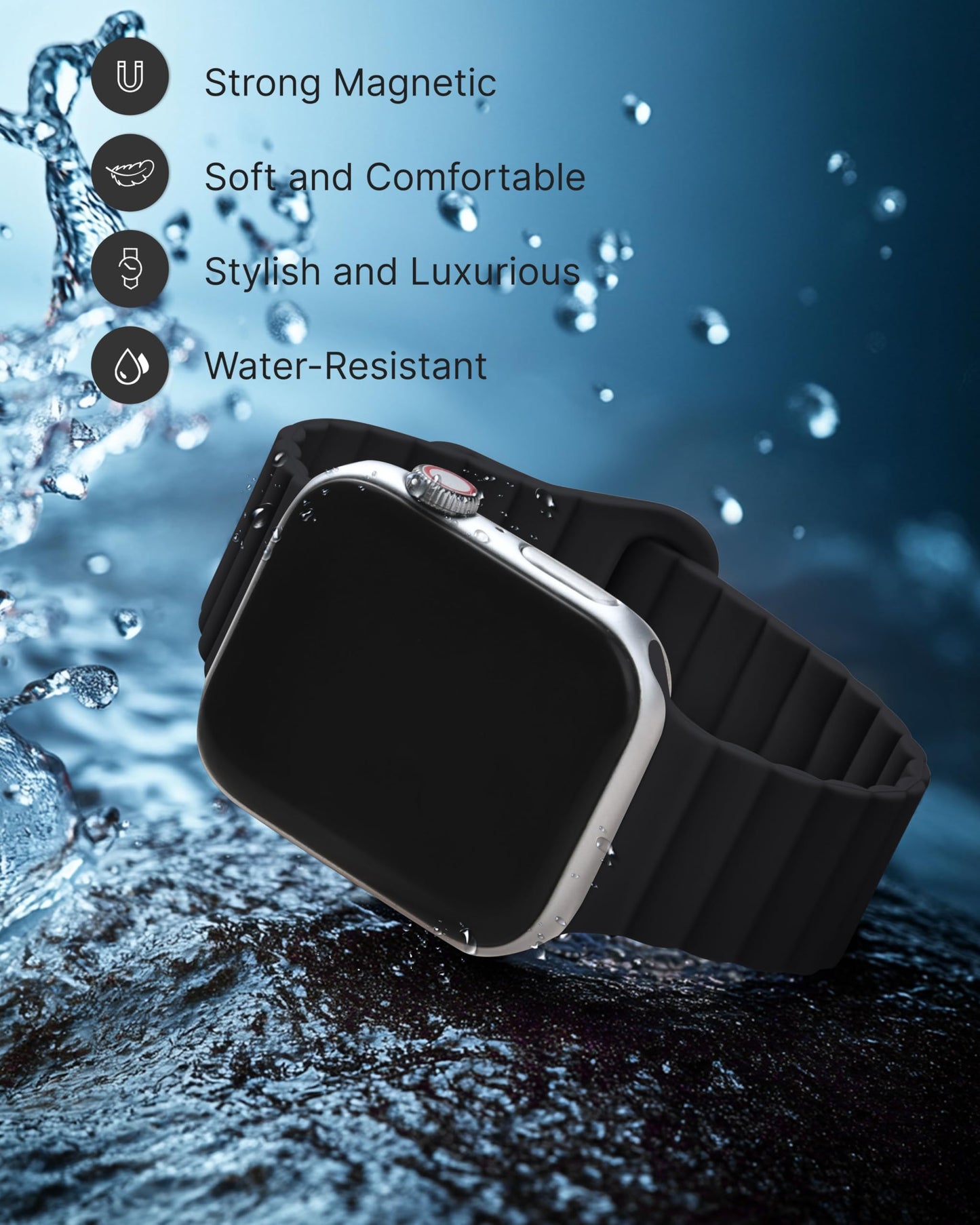 Fullmosa Correa Magnética de Silicona Para Apple Watch 44mm 45mm 42mm 49mm 46mm,Pulseras Deportiva para iWatch Ultra2/1 Series 10 9 8 7 6 5 4 3 2 1 Se Se2 Mujeres Hombres,Negro