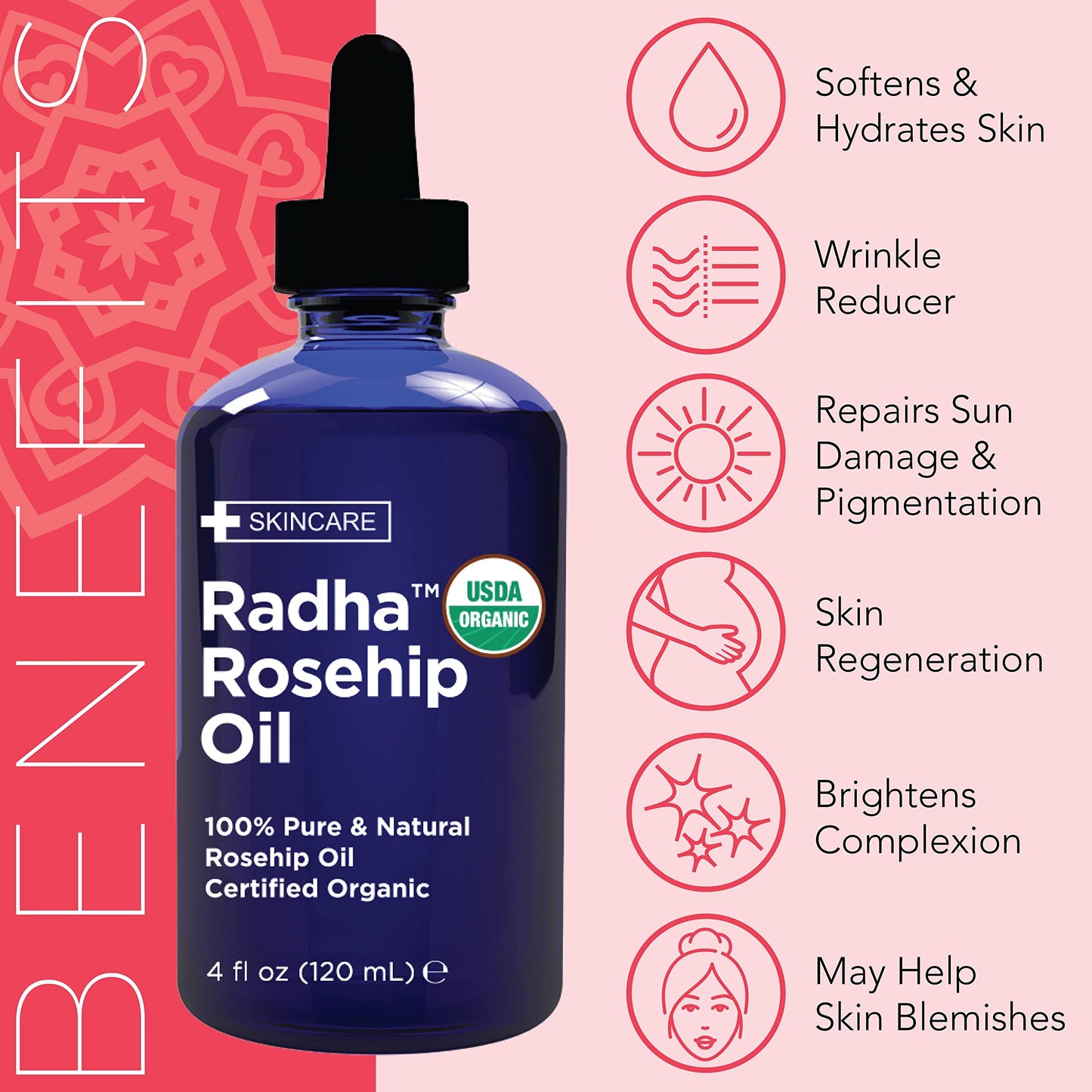 Radha Beauty Aceite de Rosa Mosqueta Orgánico 100% Puro, 120 ml
