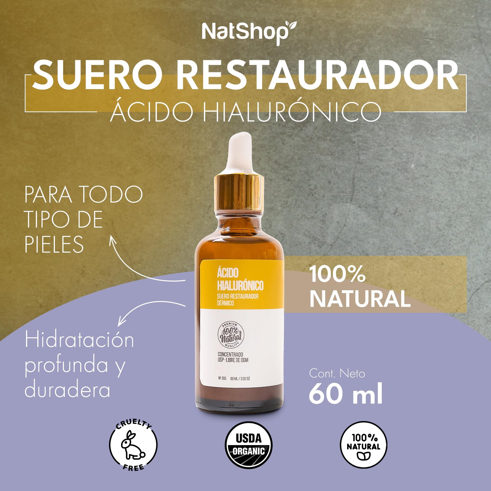 NATSHOP | Suero de Ácido Hialurónico 100% Natural - Fórmula Ligera y de Rápida Absorción - Libre de Parabenos y Químicos Agresivos | Skin Care para Rutina de Día y Noche - Skincare Facial 60ml