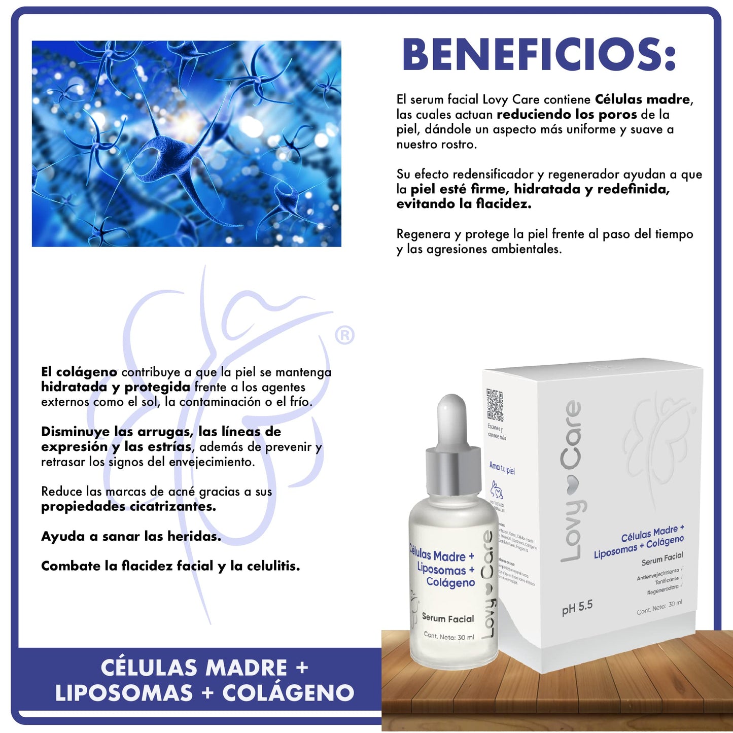 Lovy Care Serum Facial Cells Madre + Liposomes + COLAGENO tonificante, Regeneradora + pH 5.5 piel Sana