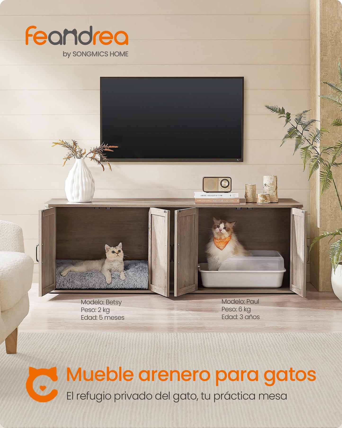 Feandrea Mueble Arenero para Gatos, Caja de Arena para 2 Gatos, Mesa Auxiliar, 145.6 x 48.5 x 50 cm, Greige Mélange MPCL010G01