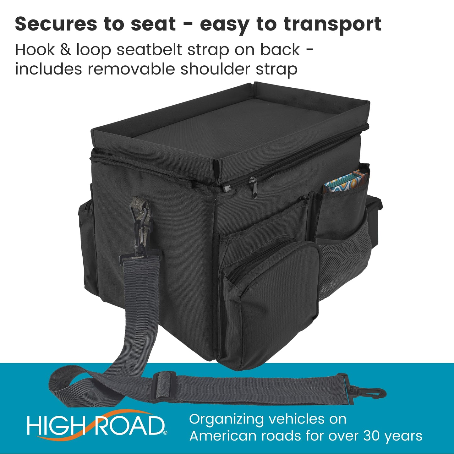 High Road - Organizador grande de asiento de coche CarHop para el asiento delantero o trasero para niños y adultos con bandeja para portavasos y bolsillos laterales y compartimento para enfriador