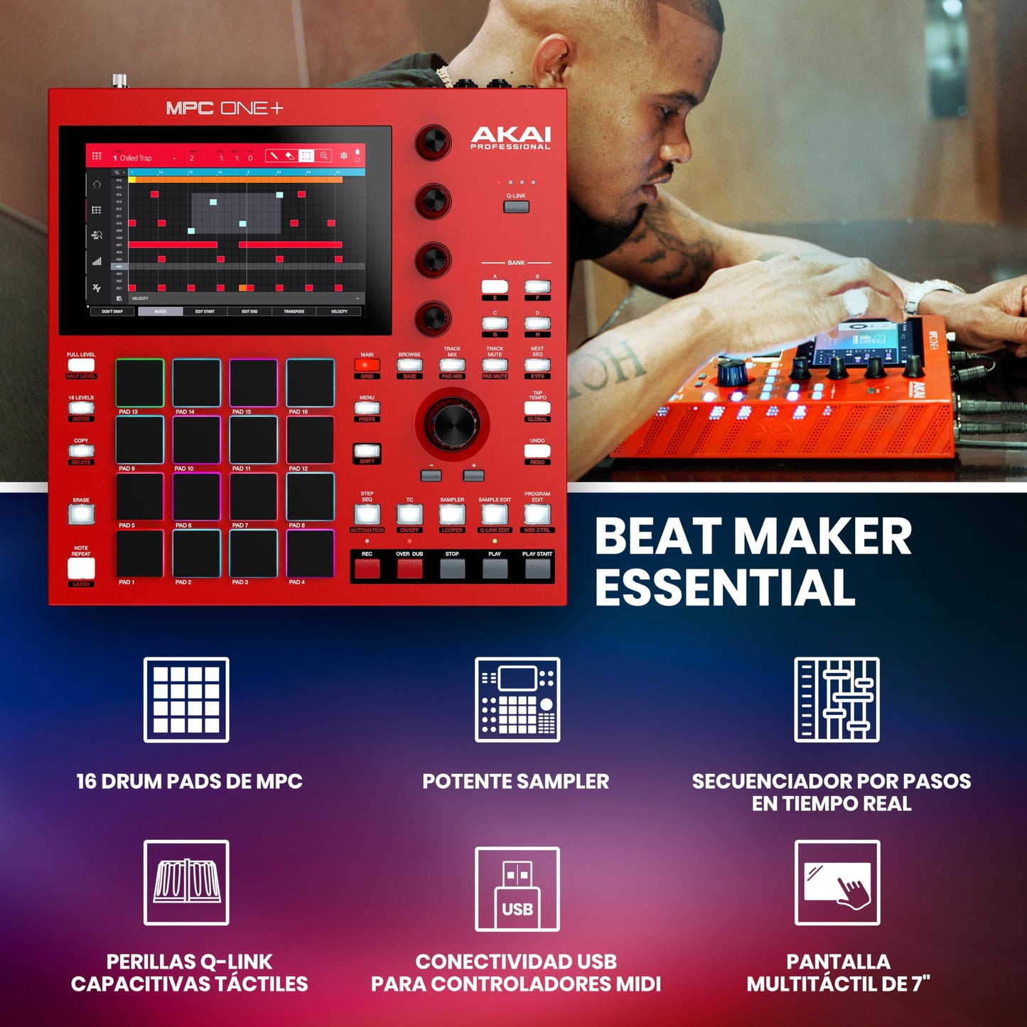 AKAI Professional MPC One+ caja de ritmos autónoma, creador de ritmos y controlador MIDI con wifi, Bluetooth, drum pads, plugins y pantalla táctil