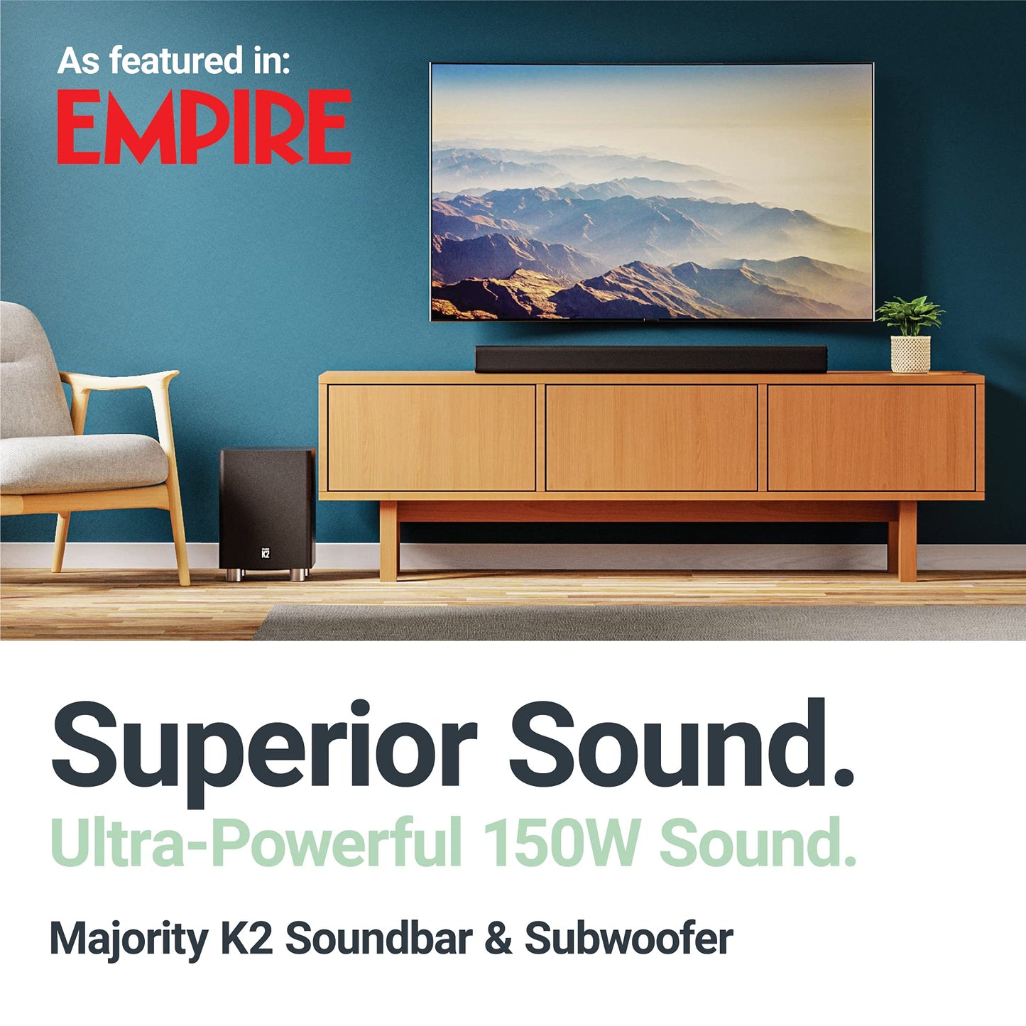 Majority K2 - Barra de sonido con subwoofer | 150 W potente barra de sonido estéreo de 2.1 canales para TV | Sonido envolvente 3D de cine en casa I HDMI ARC, Bluetooth, conexión óptica y RCA I USB y