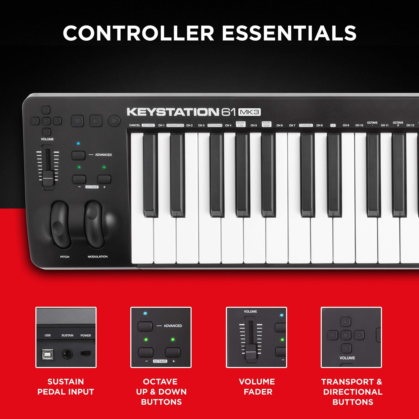 M-Audio Keystation 61 MK3 - Controlador MIDI USB con teclado de 61 teclas, controles asignables, ruedas de pitch/modulación, suite de software