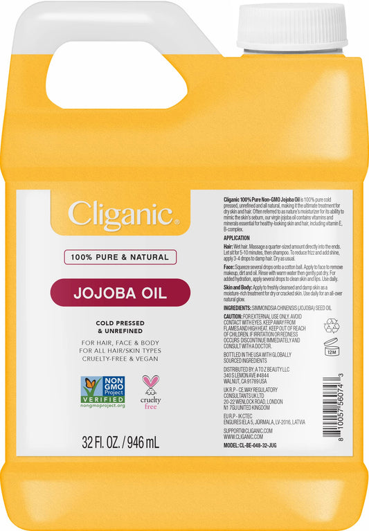 Cliganic Aceite de jojoba sin OMG a granel, 32 onzas, 100% puro