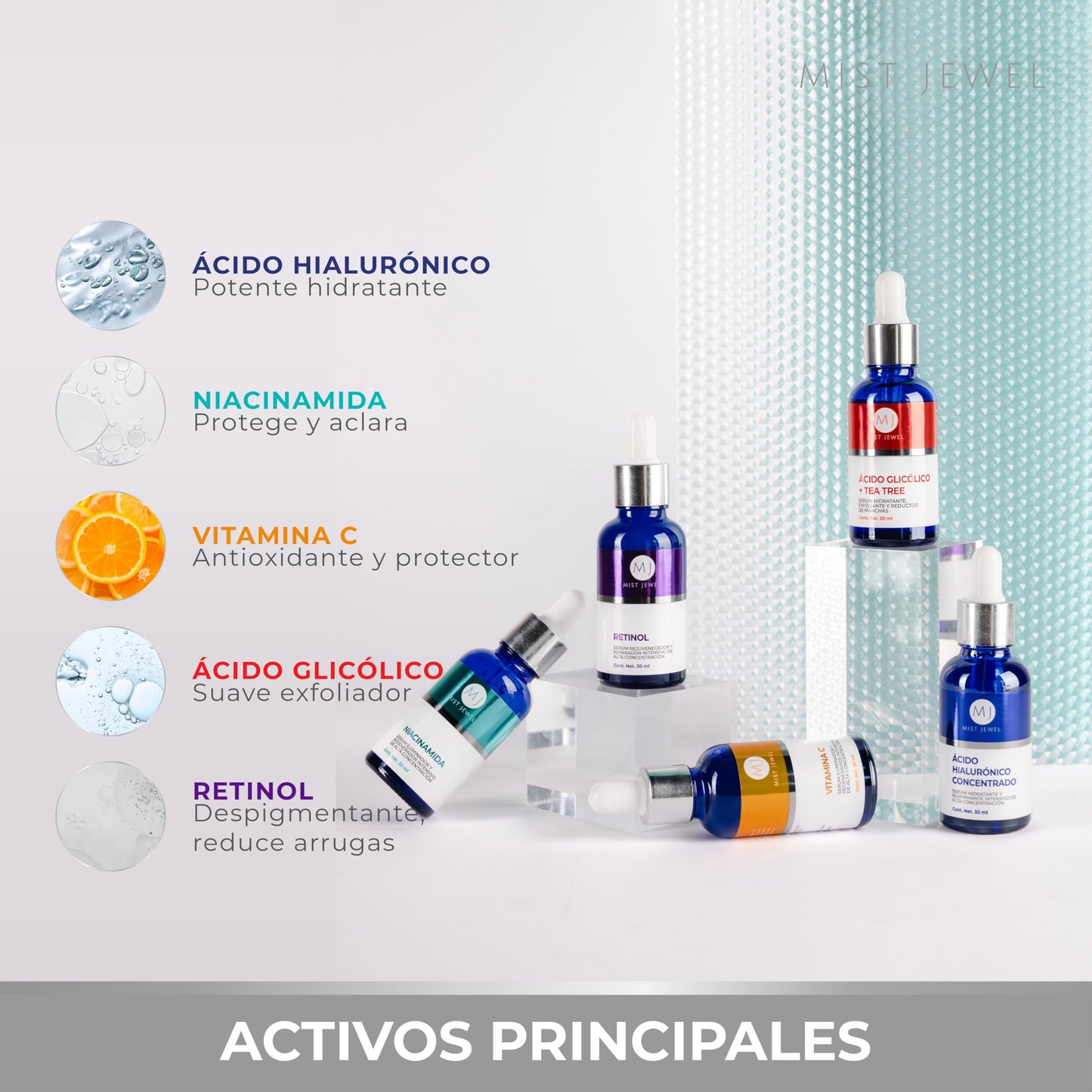 MIST JEWEL Kit sueros faciales Acido Hialurónico, Retinol, Vitamina C + E, Glicólico y Niacinamida | Conjunto de serums Avanzado 5 serum (KIT Facial avanzado)
