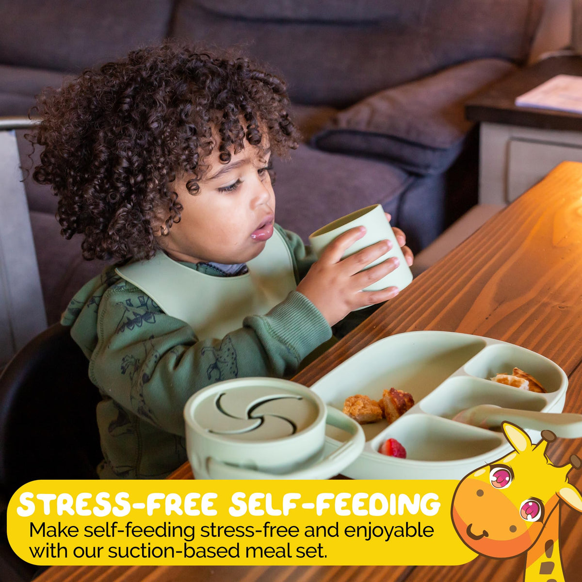 Muqee Peeko Set de alimentación para bebés con Ventosa y Tapa en Color Verde Guisante - Silicona de Grado alimenticio