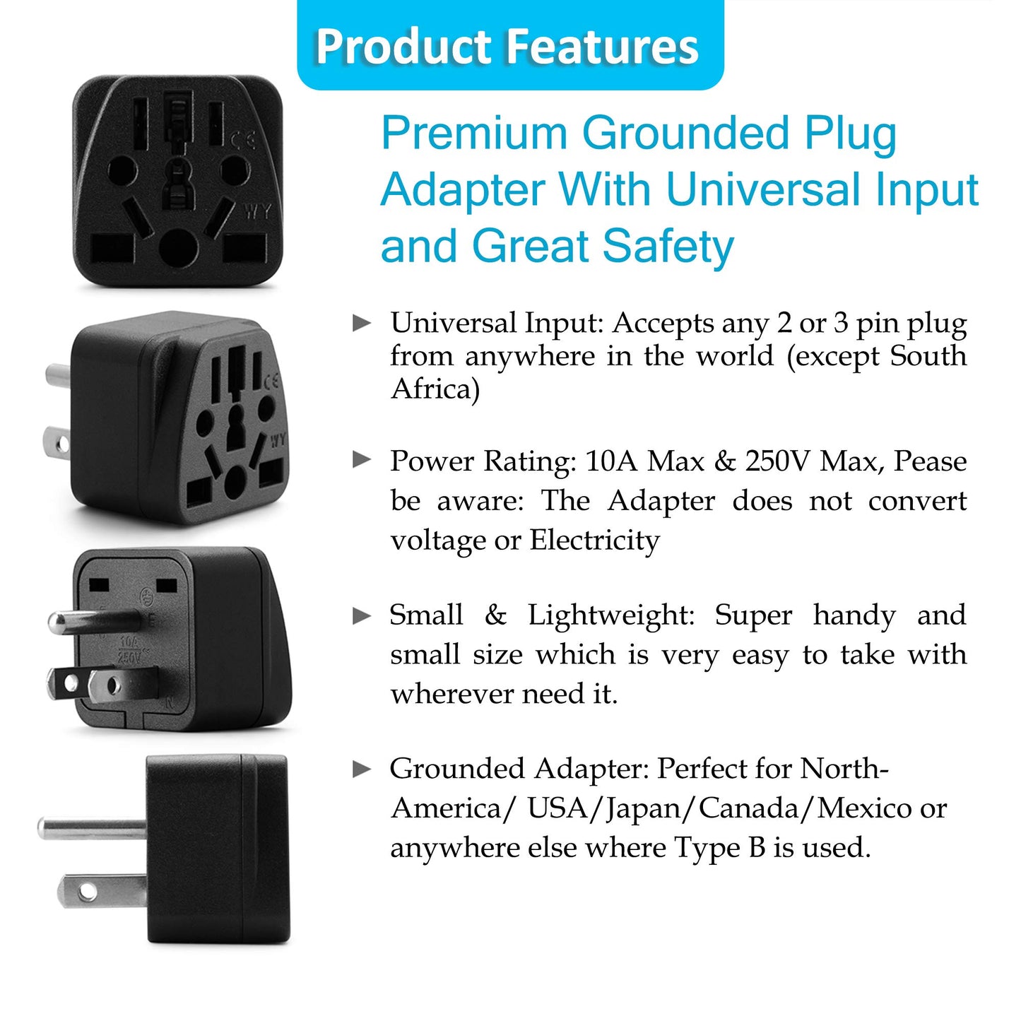 Adaptadores de Enchufe Unidapt Negro Multiuso para Viaje a EE. UU. y México