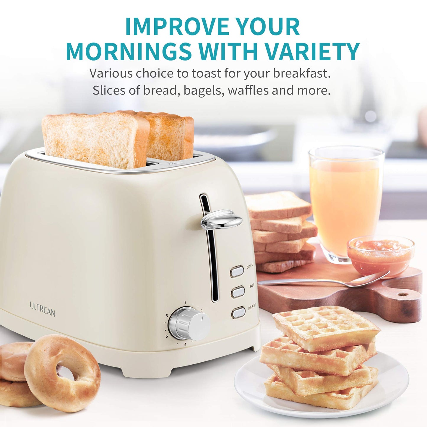 Ultrean tostador de 2 rebanadas con ranura extra ancha para tostar bagels, panes, gofres y más, material de acero inoxidable con bandeja extraíble para migas, 6 ajustes de color dorado