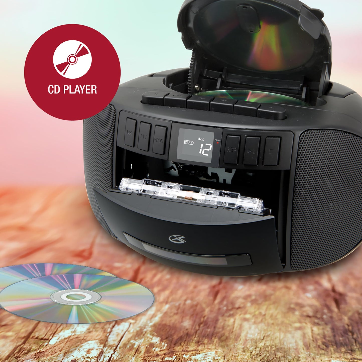 GPX BCA209B Boombox portátil Am/FM con Reproductor de CD y Cassette, Negro