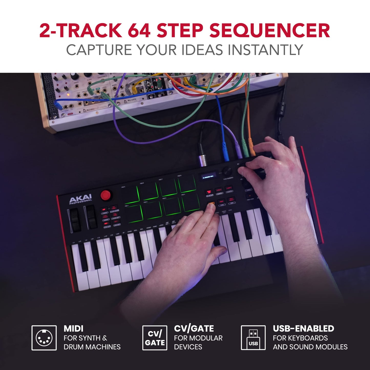 Akai Professional MPK Mini Plus - Teclado Controlador MIDI USB de 37 Mini Teclas con 8 Pads MPC, Secuenciador, MIDI/CV/Gate I/O, Software de Producción y Native Instruments Sound Package