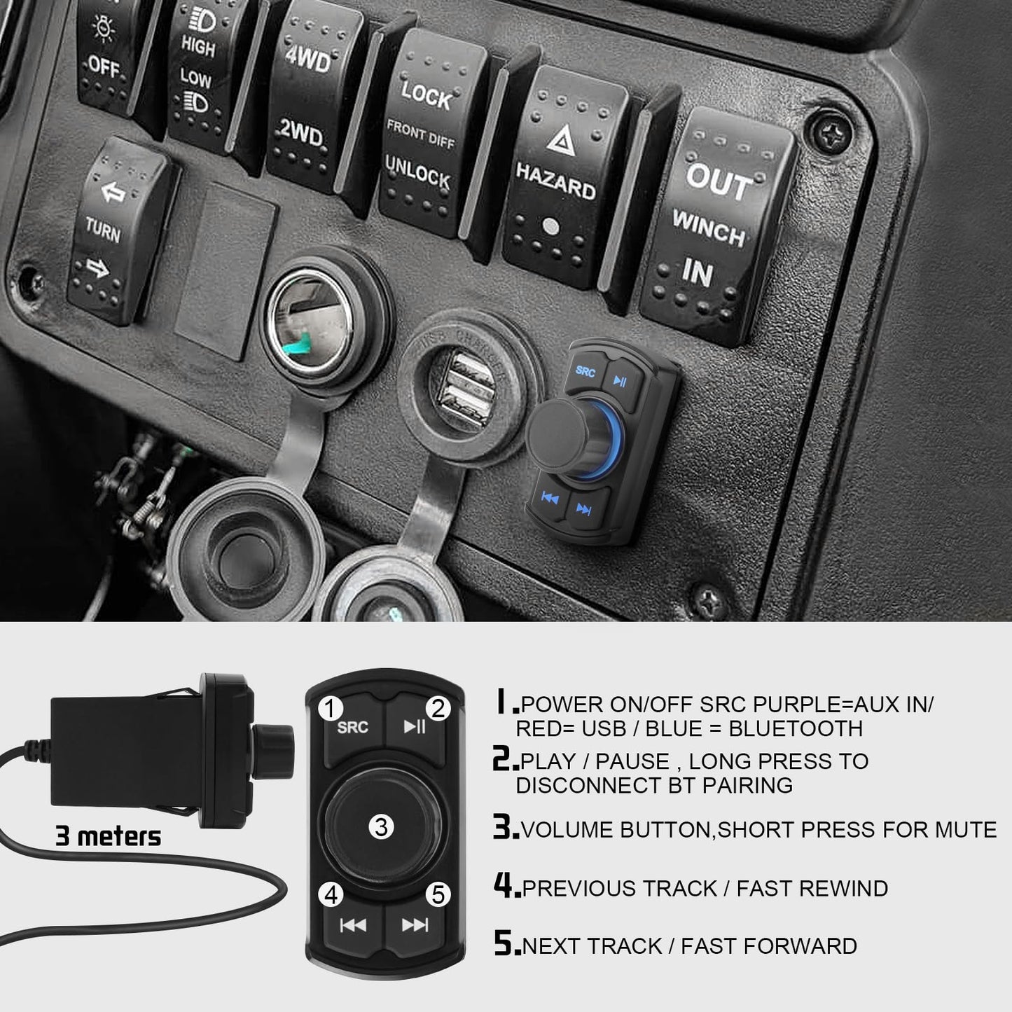Amplificador Marino Clase D Powersport Bluetooth Compacto de 60 W x 4 Canales con Control Remoto y Fácil Instalación
