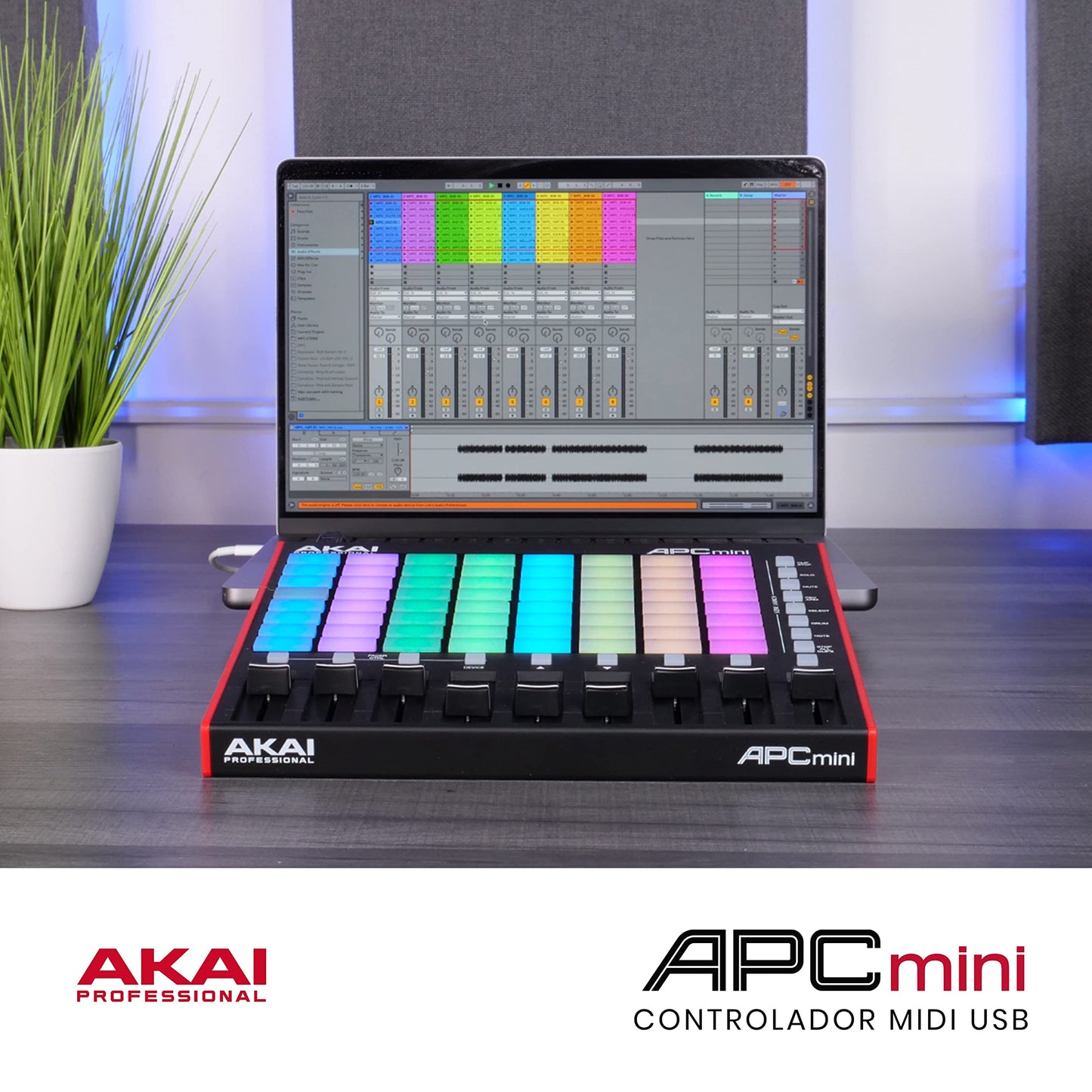 Akai Professional APC Mini MK2 - driver USB MIDI Pad para lanzamiento de clips con Ableton Live Lite, 64 almohadillas para orejas RGB, modo tambor y notas y mezclador MIDI
