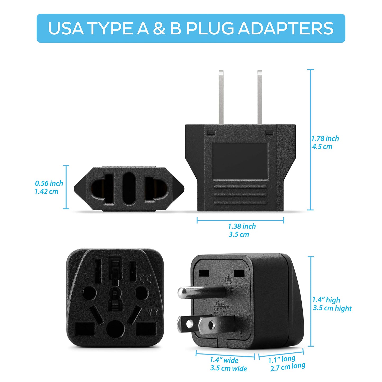 Adaptadores de Enchufe Unidapt Negro Multiuso para Viaje a EE. UU. y México