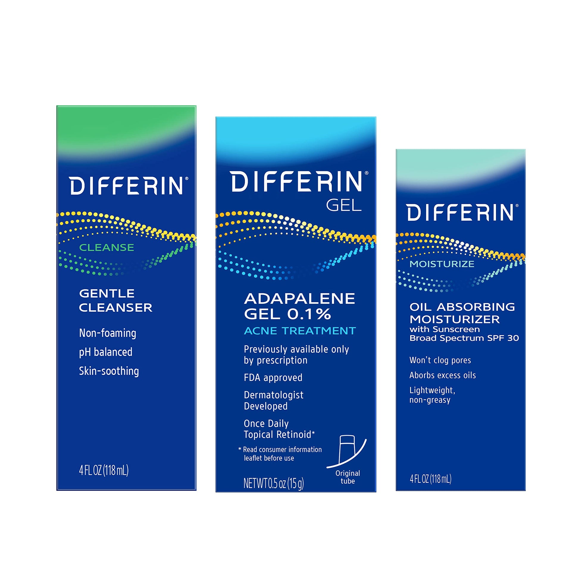 Differin Skin Care Set, Differin Gel 3 Step Regimen, Acne Treatment, Sunscreen SPF 30 for Face, Facial Cleanser, for Acne Prone Sensitive Skin